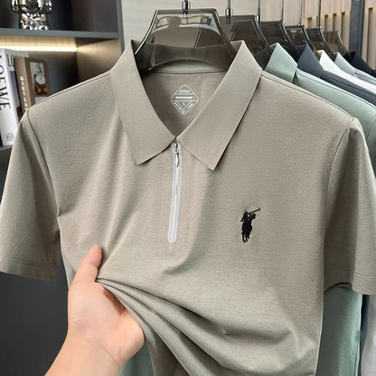 Summer New Ice Silk Cool Short Sleeved Polo Shirt, Skin Friendly, Breathable, Lapel Zipper, Business Casual T-shirt for Men
