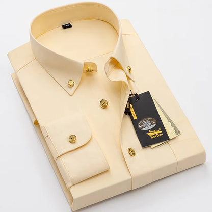2026 Spring/Autumn New Men's Luxury Brass Button Long Sleeve Business Casual Shirt Ironing Resistant Office Work Shirts as Gift