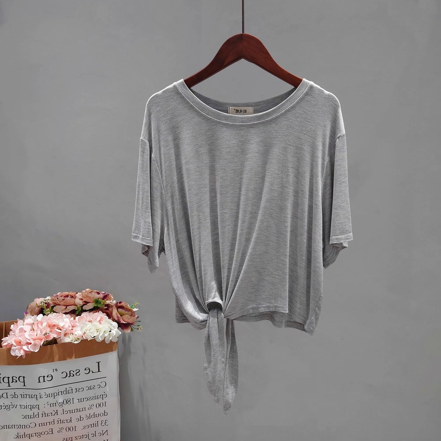 Ultra Soft Skin-Friendly Modal Summer Loose Short Sleeve T-Shirt Women's Asymmetrical Knot Waist Yoga Top Korean Style