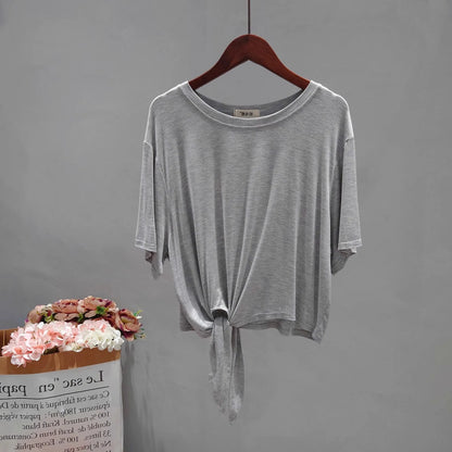 Ultra Soft Skin-Friendly Modal Summer Loose Short Sleeve T-Shirt Women's Asymmetrical Knot Waist Yoga Top Korean Style