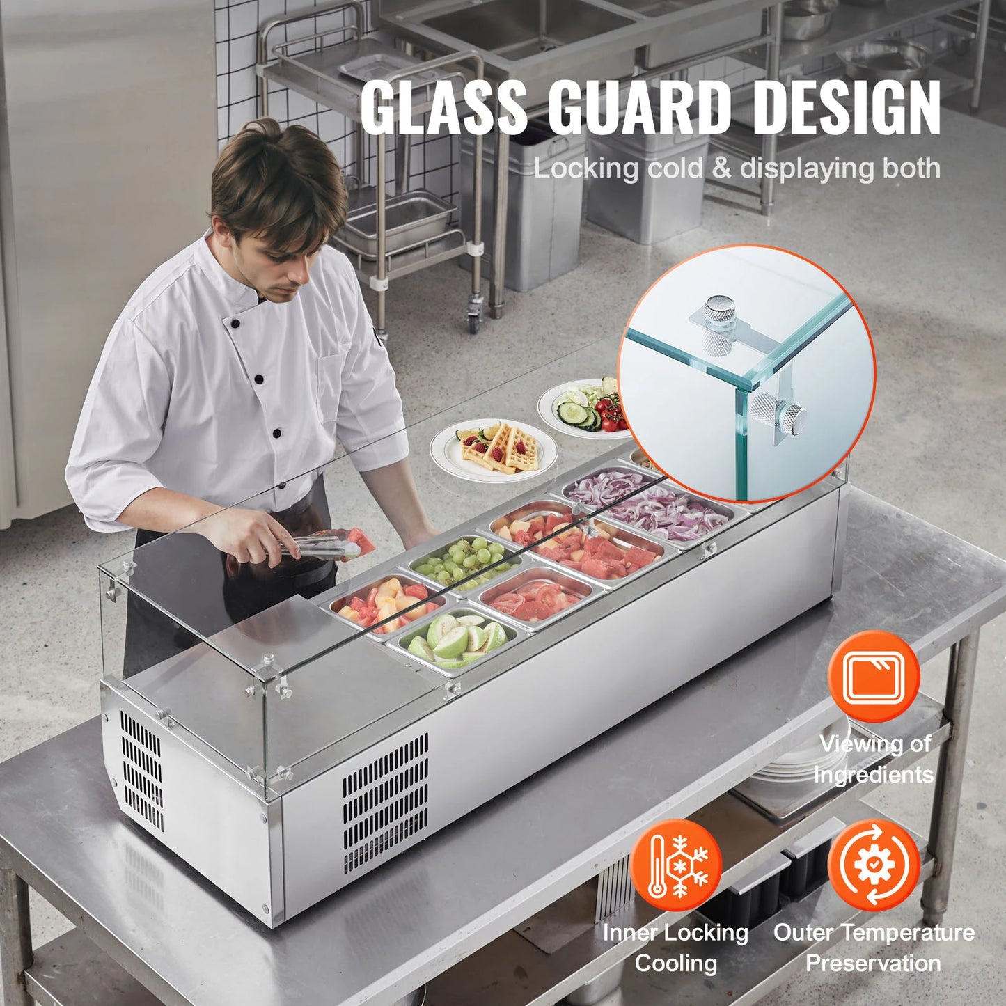 SucceBuy Refrigerated Condiment Prep Station with 3 1/3 Pans & 4 1/6 Pans 304 Stainless Body and PC Lid with Glass Guard ETL
