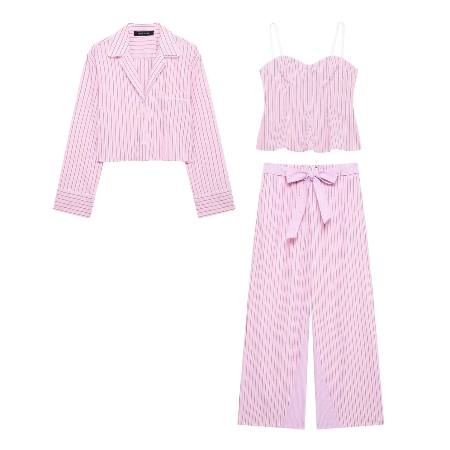 HH Women Striped Pants Suit Lapel Pocket Single-breasted Blouse+Side Zipper Lace Short Top+High Waist With Belt Poplin Pant