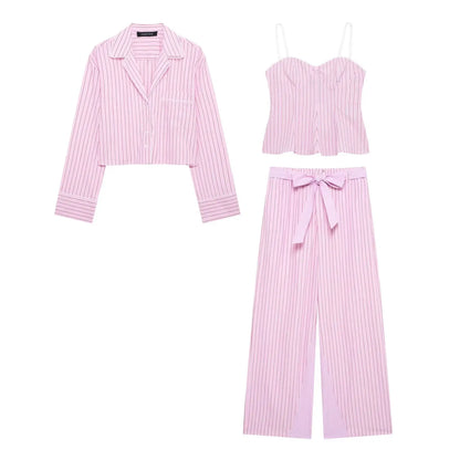 HH Women Striped Pants Suit Lapel Pocket Single-breasted Blouse+Side Zipper Lace Short Top+High Waist With Belt Poplin Pant
