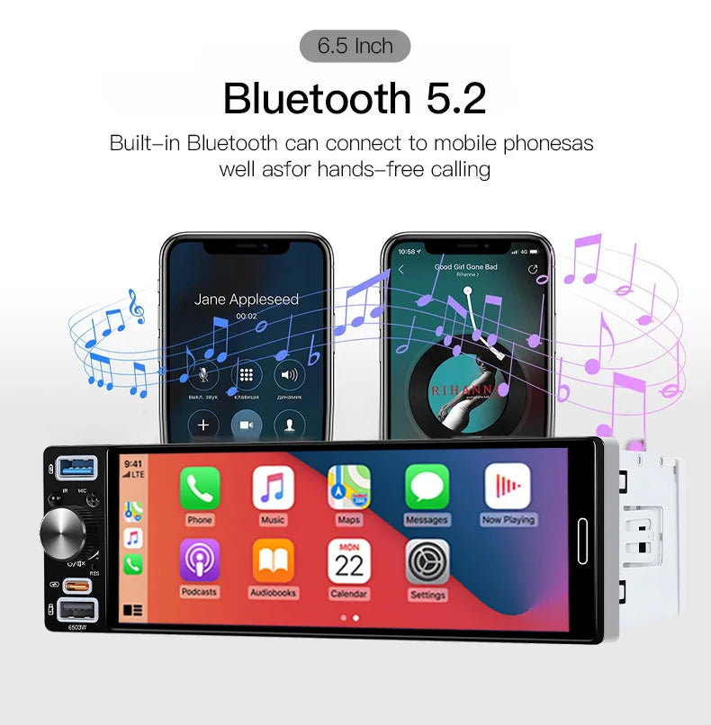 6.5 Inch 1Din Car Radio Carplay Android Auto Mirrorlink Bluetooth FM/AM EQ AUX Touch Screen Universal Autoradio Stereo MP5