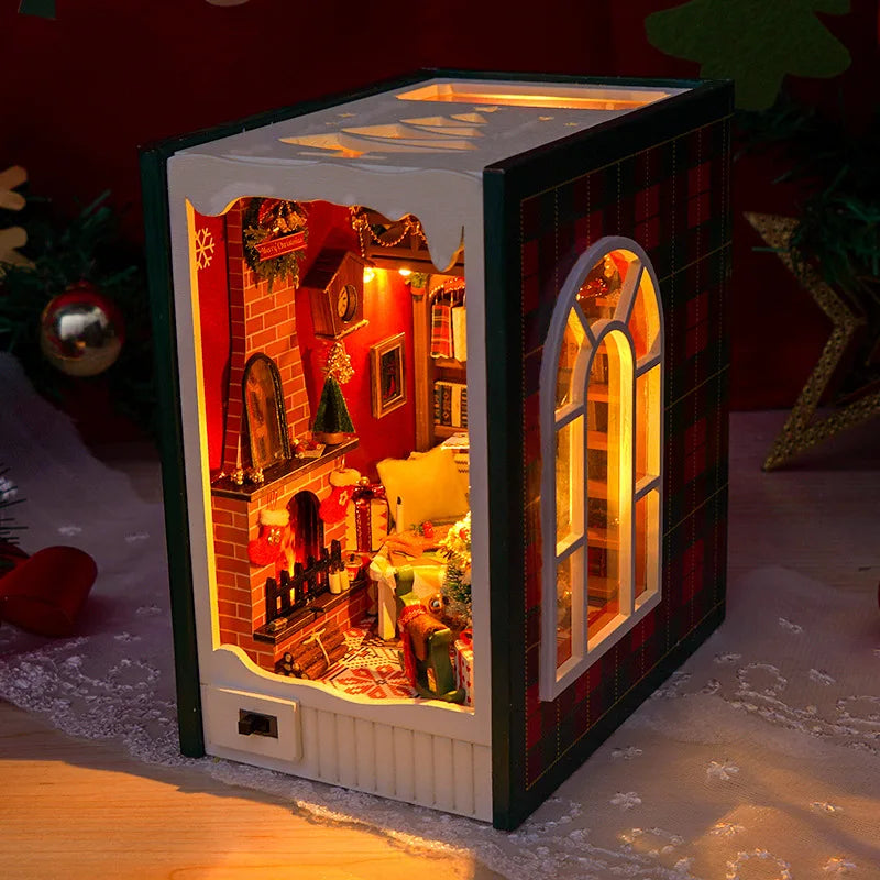 Christmas New Book Nook Miniature DIY Hut cabin Houses Bookstand Doll House Creative Puzzle Bookshelf Insert With Touch Cover