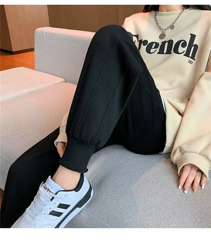 plus Size Women's Slimming Fleece Lined Cuffed Thickened Warm Sports Pants Commute Style Korean Fashion Winter Collection