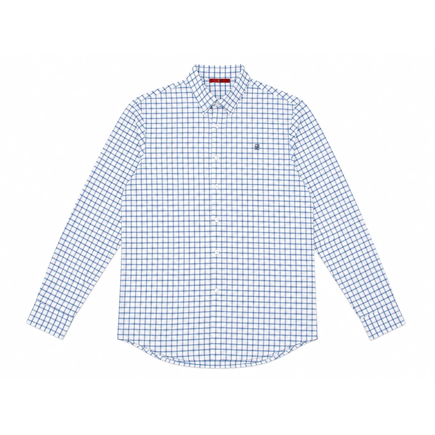 CH Men's Blue Plaid Long Sleeve Shirt Lapel Collar Embroidery Logo Cotton Shirts Business Formal Casual Daily Wear Button Down