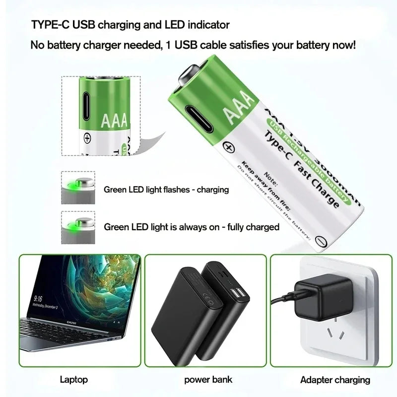 2025NEW Lithium-Ion Battery Type-C Rechargeable High-Capacity Battery AA&AAA Battery For remote control, mouse, electric toys