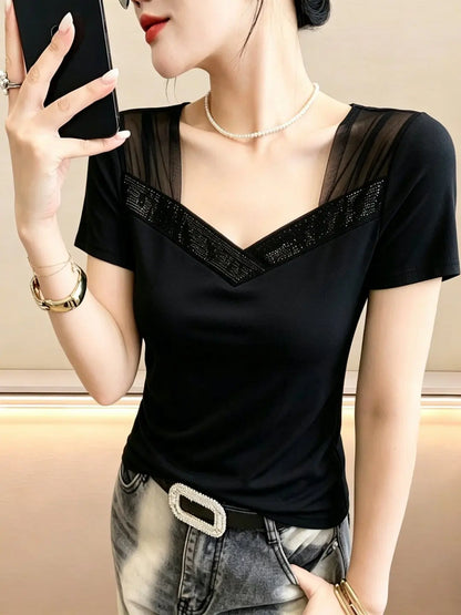 Summer 2026 Women's V-neck T-shirt Mesh Splice Short Sleeve Heavy-duty Rhinestone Slimming Top Korean Style Breathable Cotton