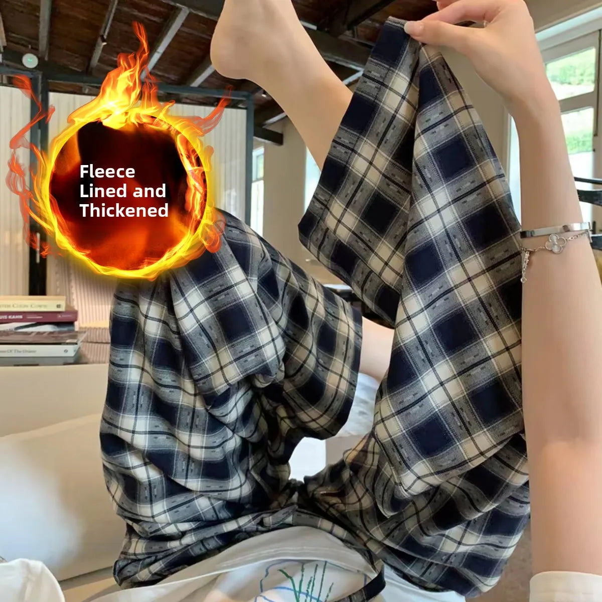 Lamb Velvet Fce Lined Thi Plaid Casual Pants Women's Autumn Winter Loose Straight Leg Wide Leg Cotton Spwear Trousers