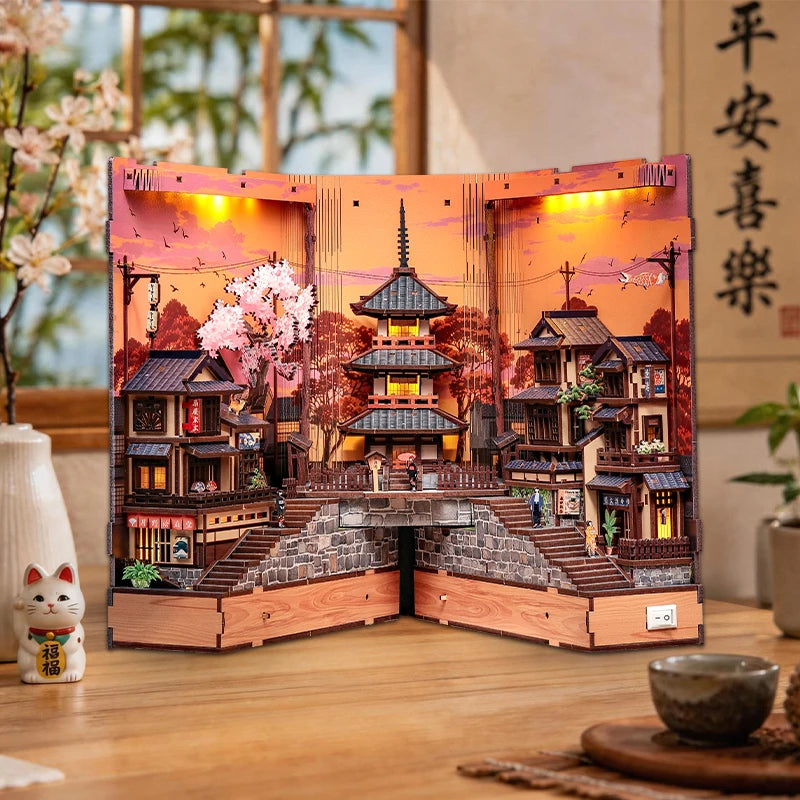 CUTEBEE DIY Book Nook Kit Japanese Sakura 3D Puzzle Dollhouse for Bookshelf Unique Craft Gift for Book Lover Christmas Miniature
