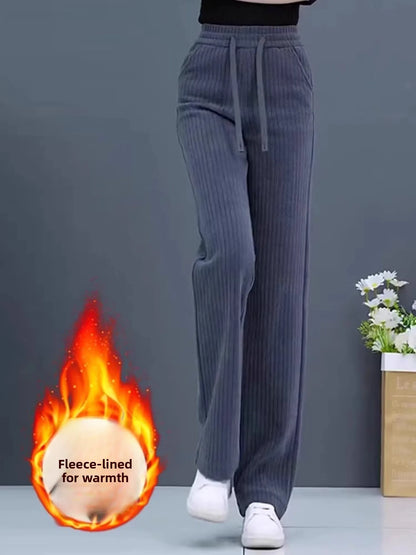 Thickened Fleece Wide Leg Pants Women's Casual Straight Cut Trousers Autumn Winter New Style High Waist Cotton Elastic Waist