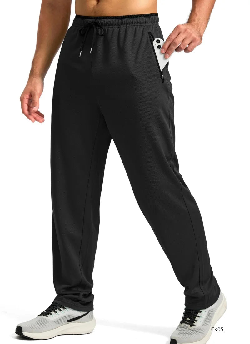 Men High Elastic Breathable Ice Cool Sports Long Pants Outdoor Quick Dry Straight Trousers Drawstring Waist Zipper Pocket Design