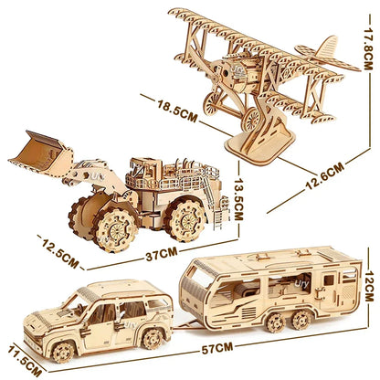 Ury 3D Wooden Puzzle Movable Retro Biplane Crane Bulldozer Handmade Assembly Truck Model DIY Toys Decoration Gift For