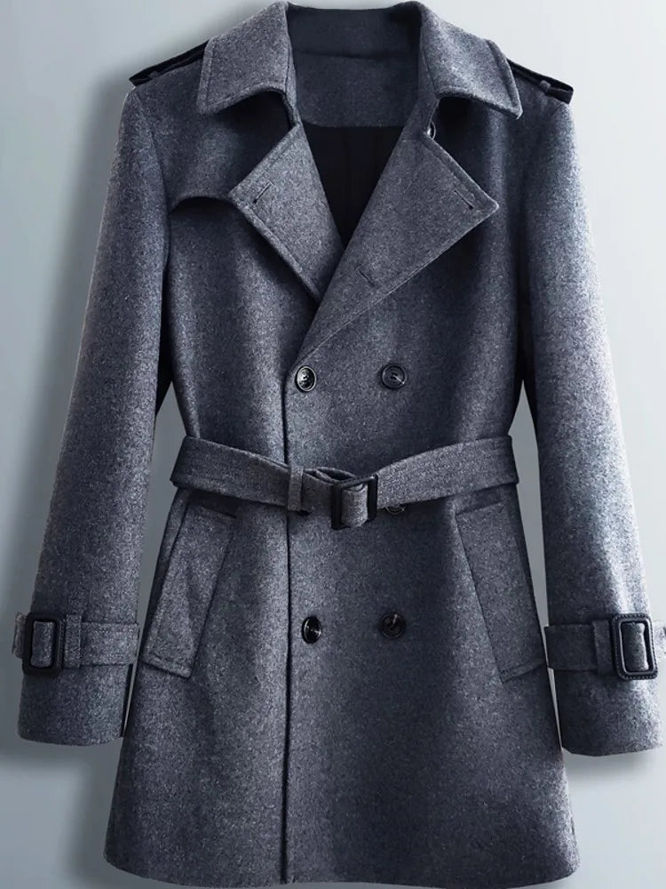 Men Mid Long Woolen Blends Coat Belted Double Breasted Wool Trench Spring New Business Work Windbreaker Classic Outwear Overcoat
