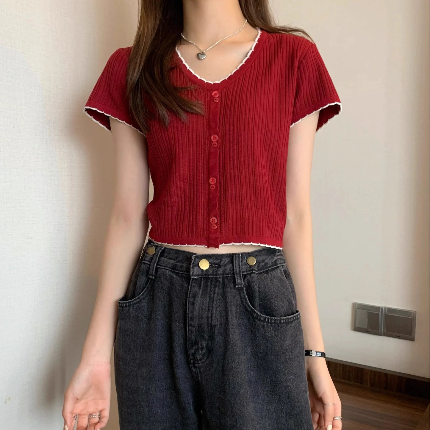 Summer Women's Ice Silk Knitted T-shirt Short Sleeve Striped High Waist Design Sweet And Spicy Belly Button Short Top