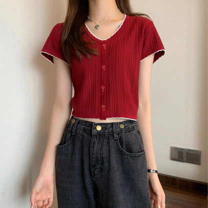Summer Women's Ice Silk Knitted T-shirt Short Sleeve Striped High Waist Design Sweet And Spicy Belly Button Short Top