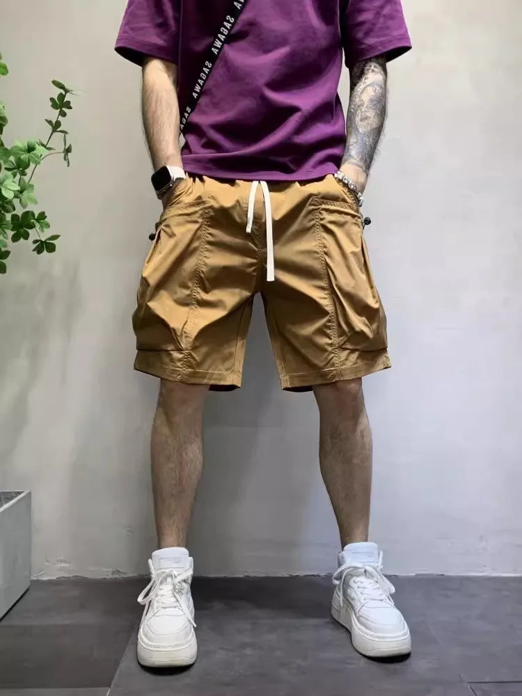 New Summer Beach Shorts Fashion Candy Color Big Pocket Mens Cargo Shorts Casual High Street Loose Fit Knee Length Trousers Male