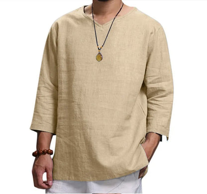 Men's Long Sleeve Loose Shirts Summer Solid Color Casual Shirt High Quality Plus Size V-Neck Shirt Male Clothing 2026
