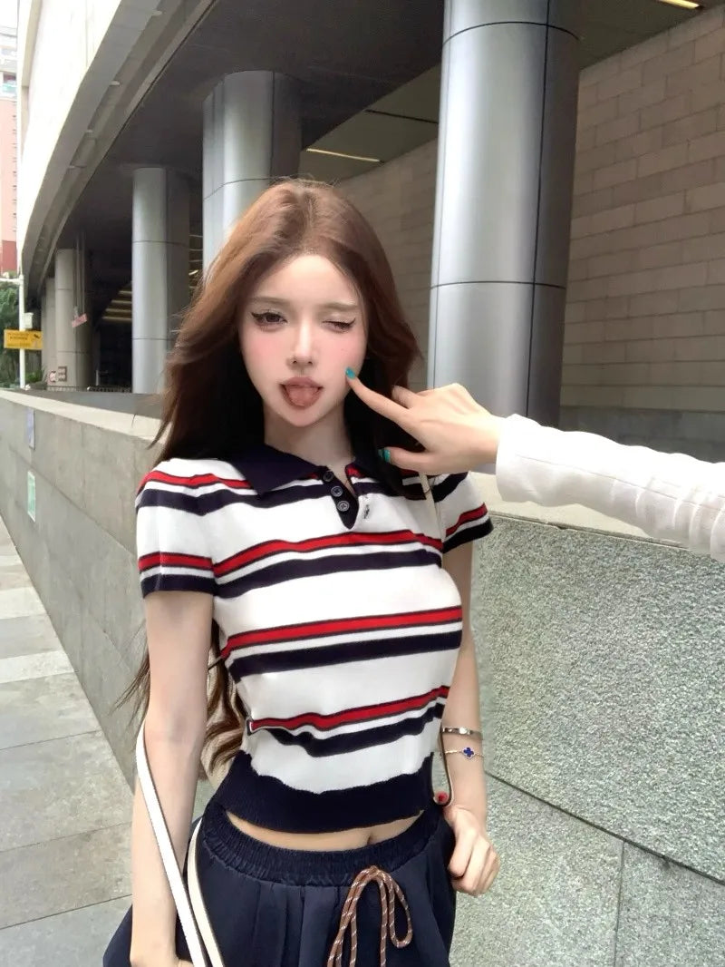 Miu Stripe  Neck Knitted Short Sleeve T-Shirt Women's Summer Design Sensible Short Style Korean Version Slim Fit Top