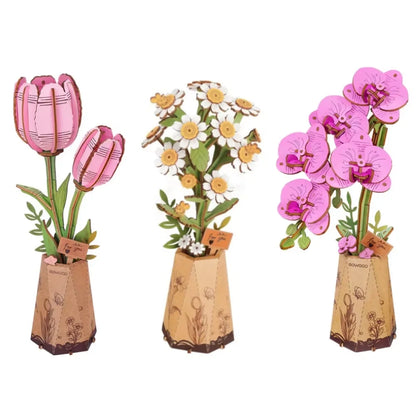 ROKR 3D Wooden Puzzle Flowers Bouquet Wooden Bloom Craft Model Kits Eternal Flowers Romantic Gift for Birthday Mother's Day