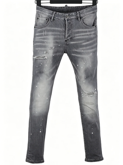 6058 Four Seasons New Men's Wash Grinding Hole Patch Paint Splash Ink Micro-bullet Leg Grey Jeans for Men