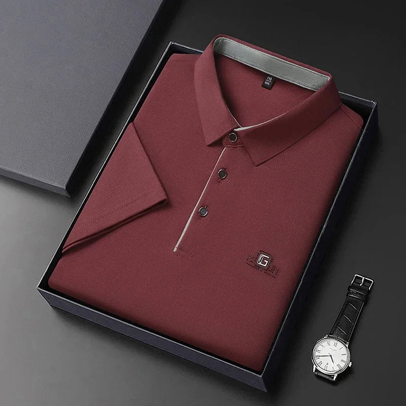 Men's Business Ice Silk Work Shirts Summer Badge Solid Color Polo Shirt Office Wear Man Breathable Comfortable Versatile Tops