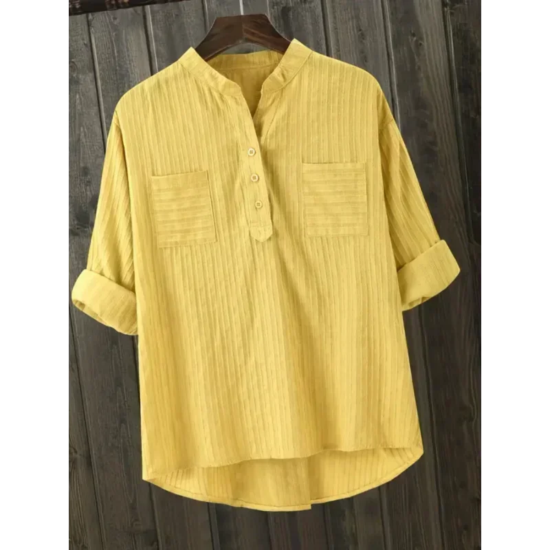 Plus Size Shirts Women's Cotton Tops Mujer Office Long Sleeve New Korean Loose Casual Vertical V-neck Shirts Top Blusas De Mujer