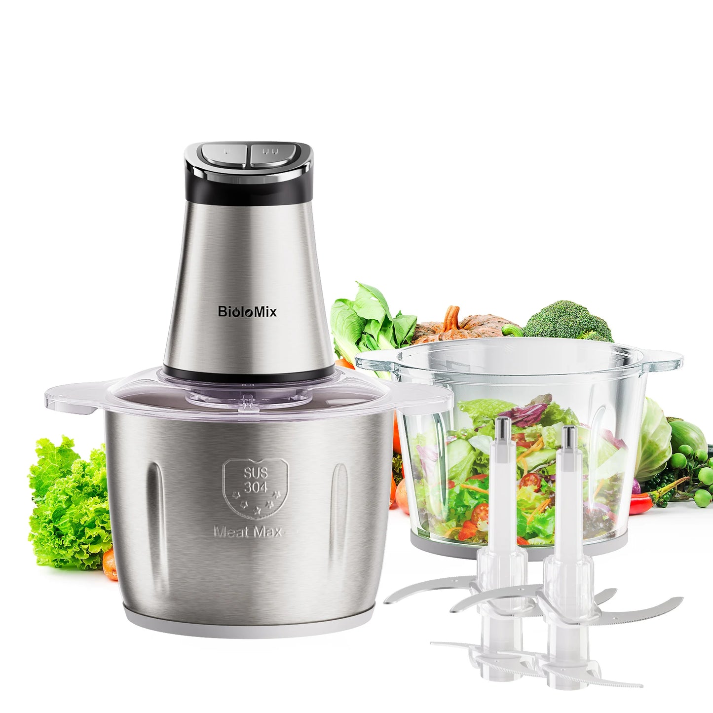 300W Mini Electric Food Chopper Food Processors with 2 Bowls, 4 Bi-Level Blades, Meat Grinder for Baby Food