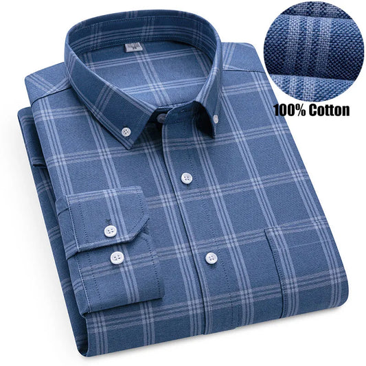 Classic Men's Long Sleeved Check Shirts 100% Oxford Cotton Casual Fashion Soft Plaid Stripe Solid Male Business Slim Fit Blouses
