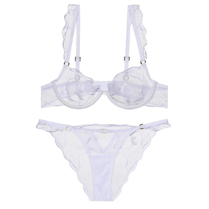 2 Pieces Summer Ultra Thin Breathable Women Underwear Sexy Lace Bra French Mesh Temptation Intimates Lingerie and Briefs Sets
