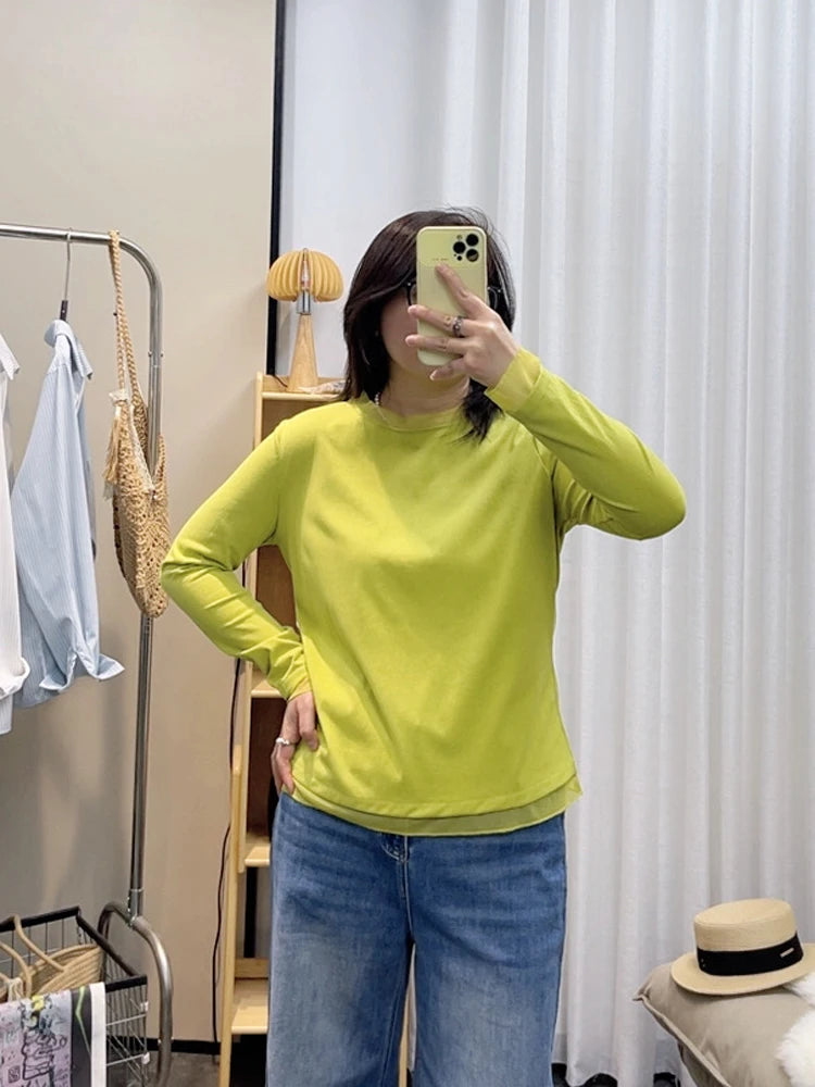 Spring New plus Size round Neck Mesh Splice Loose Long Sleeve Base Shirt Women Fat MM Slimming Belly Cover Simple T-shirt