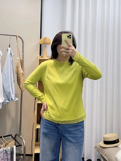 Spring New plus Size round Neck Mesh Splice Loose Long Sleeve Base Shirt Women Fat MM Slimming Belly Cover Simple T-shirt