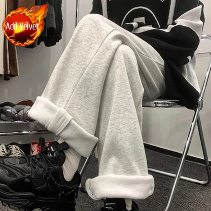 Warm Autumn Winter Men’s Fleece Lined Joggers Solid Color Zipper Casual Pants High Waist Slim Korean Style Unisex Couple Design