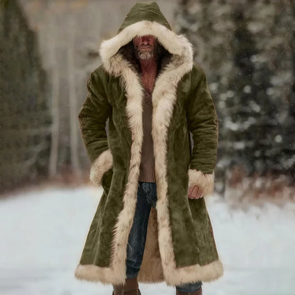 Men's Winter Thickened Hooded Jacket with Fleece Lining Solid Color Coat Long Sleeve Cardigan Style for Casual and Homewear
