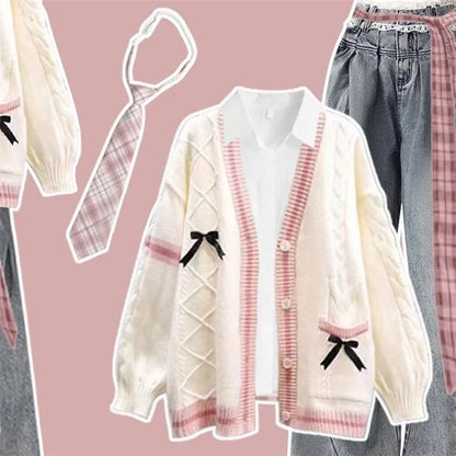 Korean Style Winter College Fashion Knitted Cardigan Jacket Beautiful Unique Miu Series Sweater Three Piece Set High Waist Pa...