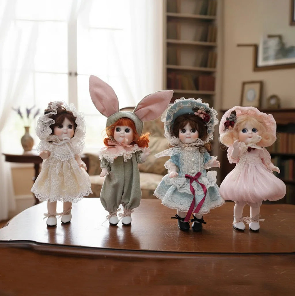 Cloveray 8 inch Movable Joints Vintage Porcelain Doll Delicate Lace Costume Fully Poseable Handmade Ceramic Collectible Gift