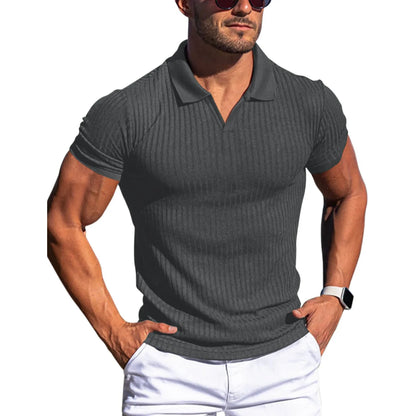Men's Ribbed V-Neck Polo Shirt Summer Breathe Slim Fit Short Sleeve T-Shirt Men Casual Business Fashion T-Shirt