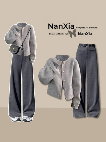 Winter Thickened Woolen Coat High Collar Knitted Sweater Straight Leg Pants Three Piece Set Women's Elegant Fashion Ensemble