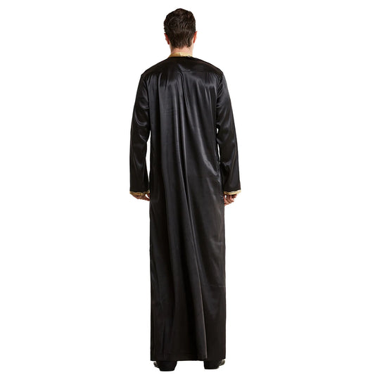 TH819 Men's Muslim Middle Eastern Men Long Sleeves Stand Collar Silk Emboridery Robe Male Ramadan Eid Jubba Thobe