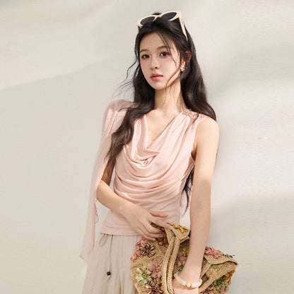 MISHOW Women Draped Cowl Neck Lyocell Knit T-shirt Asymmetrical Chiffon Sash Ruched Tee Casual Slim Fit Summer Tops MXF22T1594