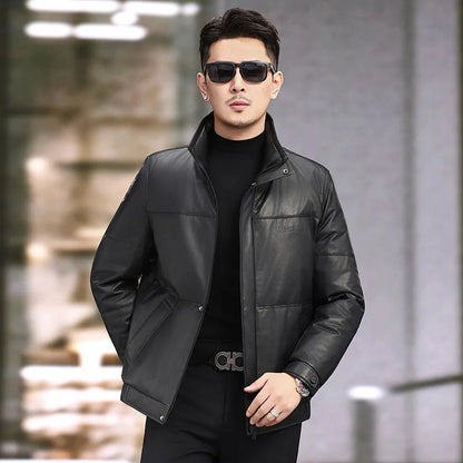 QYLVAWOY Real Leather Jacket Man Stand Collar Puffer Jacket  Winter Jackets Versatile Jackets for Man Short Coat Casual Fashion