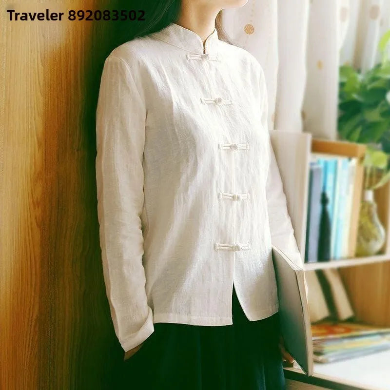 Cotton Linen Shirt Chinese Style Men Women Clothing National Style Tang Costume Button up Long Sleeve Stand Collar Zhongshan ...