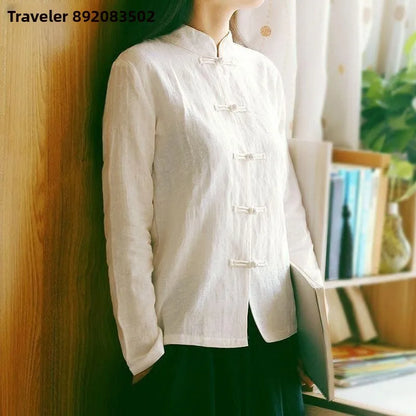Cotton Linen Shirt Chinese Style Men Women Clothing National Style Tang Costume Button up Long Sleeve Stand Collar Zhongshan ...