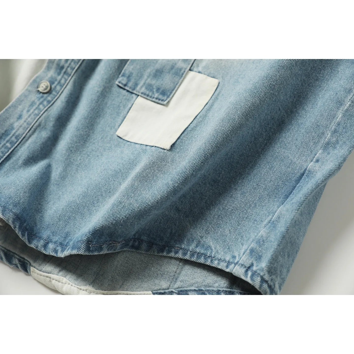 Japanese Retro Made Denim Shirt with Old Stickers Spring Long Sleeved Casual Top for Men and Women