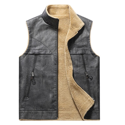 Mens Leather Vest Fleece Lined Warm Winter Motorcycle Vest Jacket Casual Leather Biker Jackets with Zipper Pocket Outwear Coat