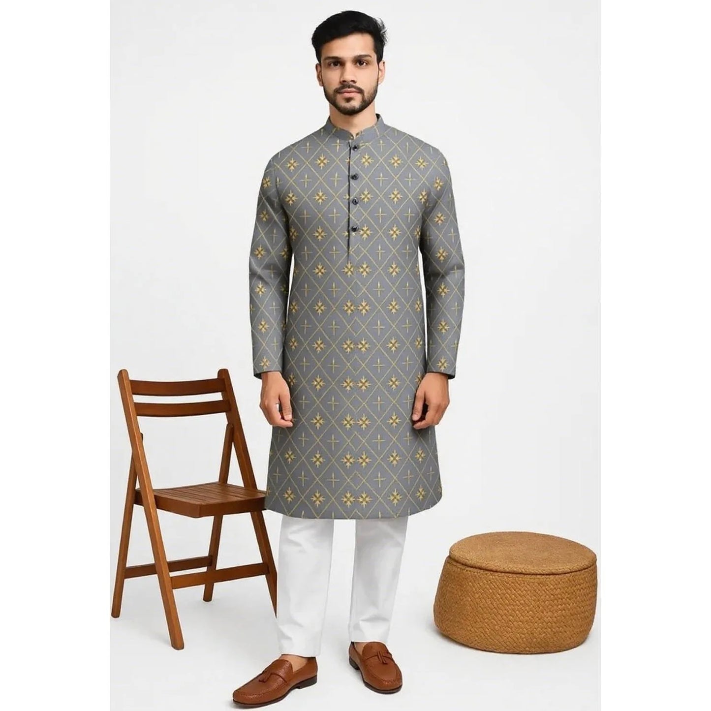 Men Digital Printed Kurta Shirt Regular Fit Mandarin Collar Long Suitable All Occasions Such Wedding Hari Raya National style