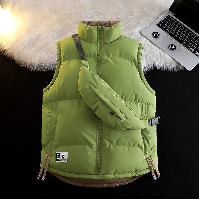 2025 Stand Collar Men Waistcoat Loose Reversible Warm Sleeveless Trendy Male Vest New Fashion Solid Color Coats quality