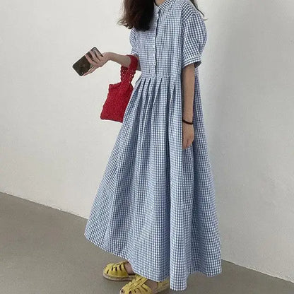 Summer New Long Sleeveless round Neck Plaid A-Line Dress Women's Sweet Style Cross-Border Fashion Cotton Linen Dress