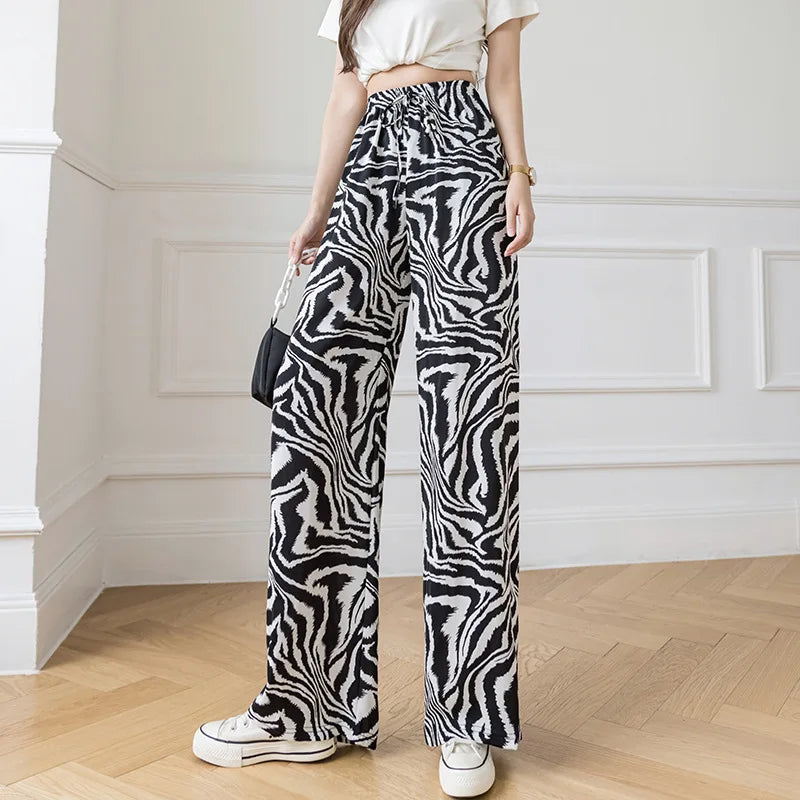 Summer Casual Loose Wide Leg Pants Women's Tie Dye Ink Ice Silk Loose Leopard Print Ethnic Style Long Pants Casual Trousers